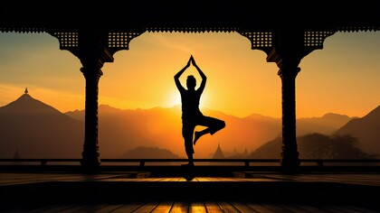 A person’s silhouette performing yoga at dawn, illustrating yoga’s timeless relevance in global dialogue
