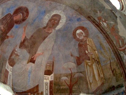 Affreschi del XII secolo, antica chiesa di San Pietro, Carpignano Sesia, Novara, Italia